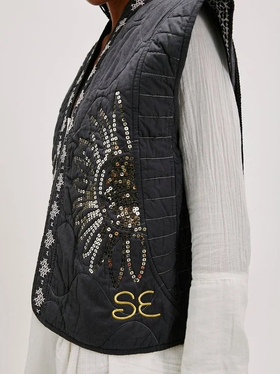 Free People x Sissel Edelbo Quilted Jacket Sequin Sun Boho Kimono Sold Out NWOT - Picture 3 of 6